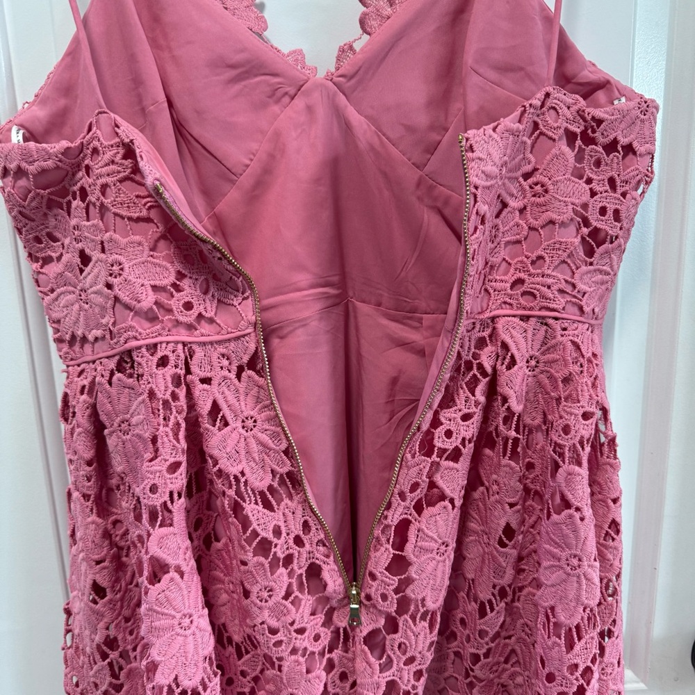 Donna Morgan Pink Lace Midi Dress size 6 Lace Overlay A-Line‎ Spaghetti Straps - Picture 7 of 11